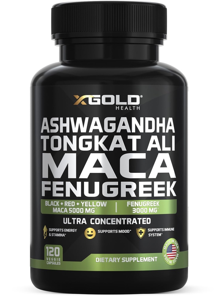 Ashwagandha 5000mg + Tongkat Ali 1000mg + Maca Root 5000mg + Fenugreek 3000mg Supplément: Noir + Rouge + Jaune Maca Root Extract & Fenugreek Herbal Suppléments pour hommes et femmes - Fabriqué aux États-Unis
