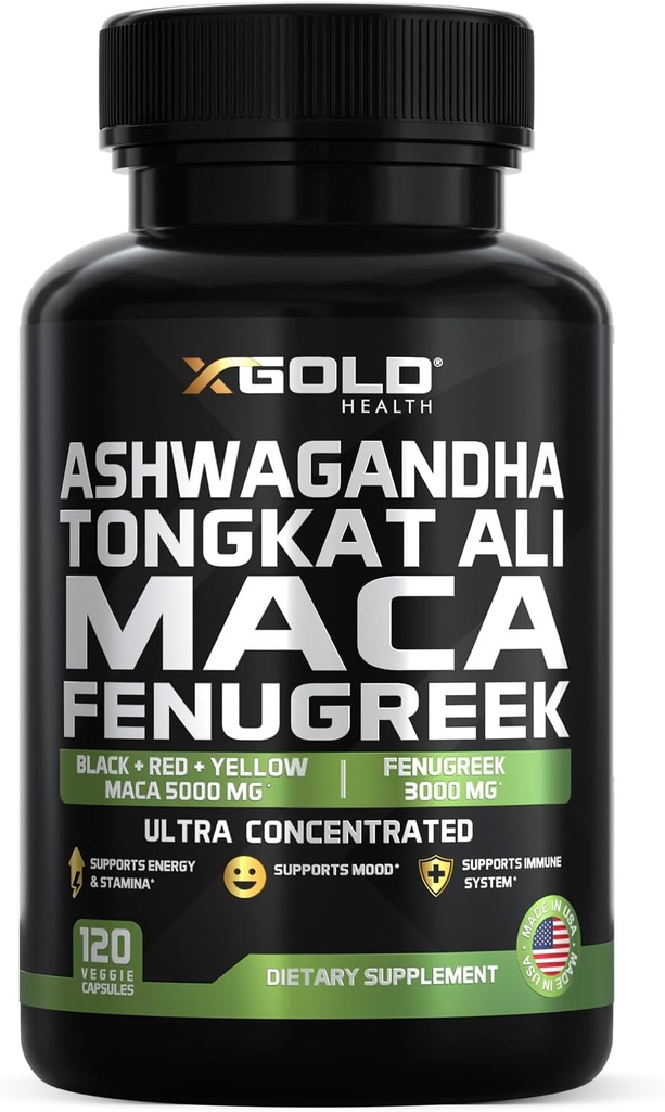 Ashwagandha 5000mg + Tongkat Ali 1000mg + Maca Root 5000mg + Fenugreek 3000mg Supplément: Noir + Rouge + Jaune Maca Root Extract & Fenugreek Herbal Suppléments pour hommes et femmes - Fabriqué aux États-Unis