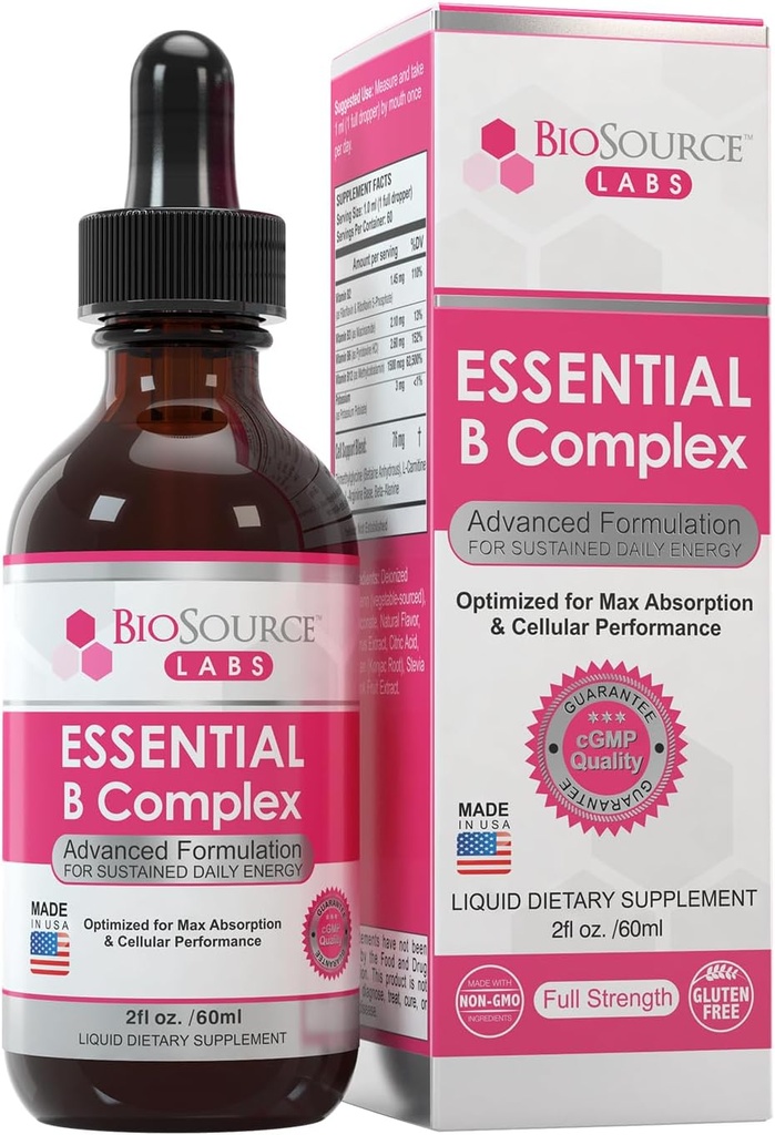Complexe B essentiel - Vitamine végane quotidienne complexe B gouttes liquides sublinguales avec/méthyl B12 (2oz / 60ml bouteille) - 60 jours d'approvisionnement