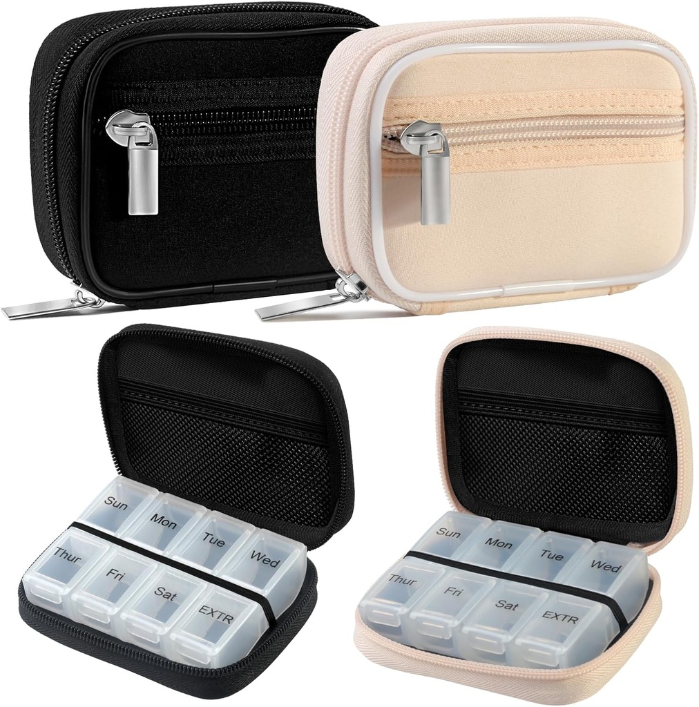 2 Packs Weekly Pill Organizer for Purse with Amovible 7 Day Pill Box Premium Neoprène Pill Container for Travel Purse Accessory, Vitamine, Supplément, Petites Pièces Arrangement noir et crème