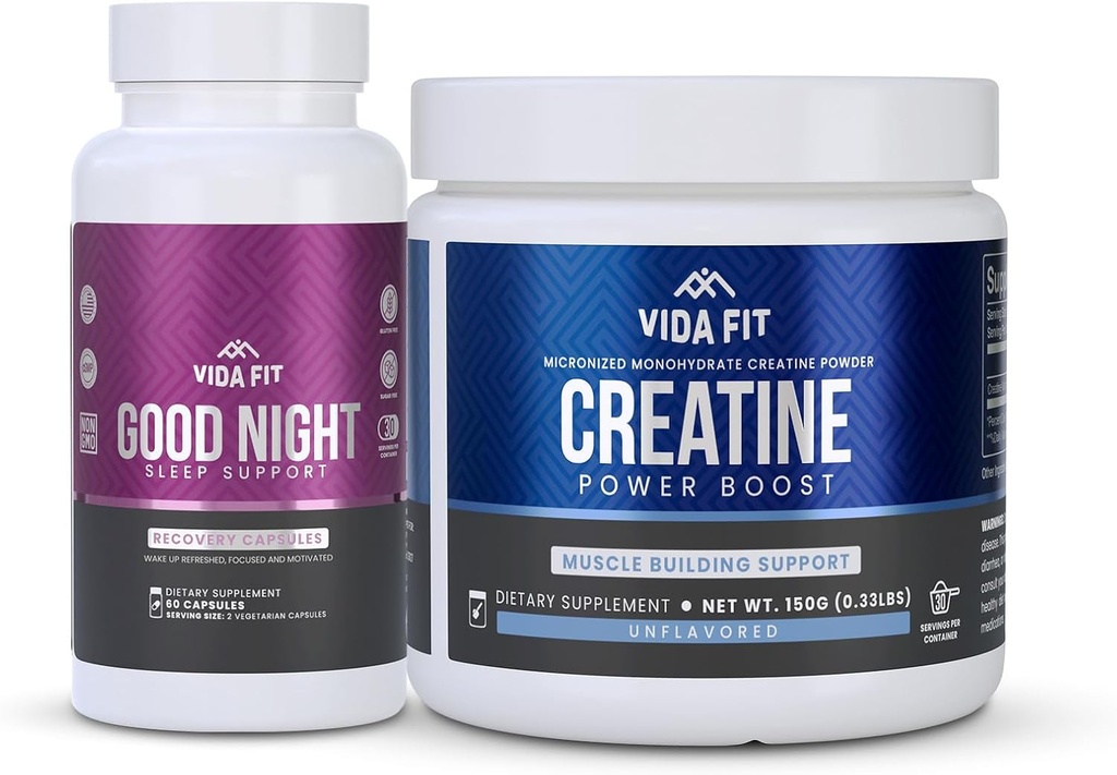 Good Night Natural Sleep Aid (60 Capsules) & Micronized Creatine Monohydrate Powder (150g) Bundle – Natural Sleep Support with Melatonin, Ashwagandha & L-Theanine, Plus Pure Vegan Creatine for Enhance