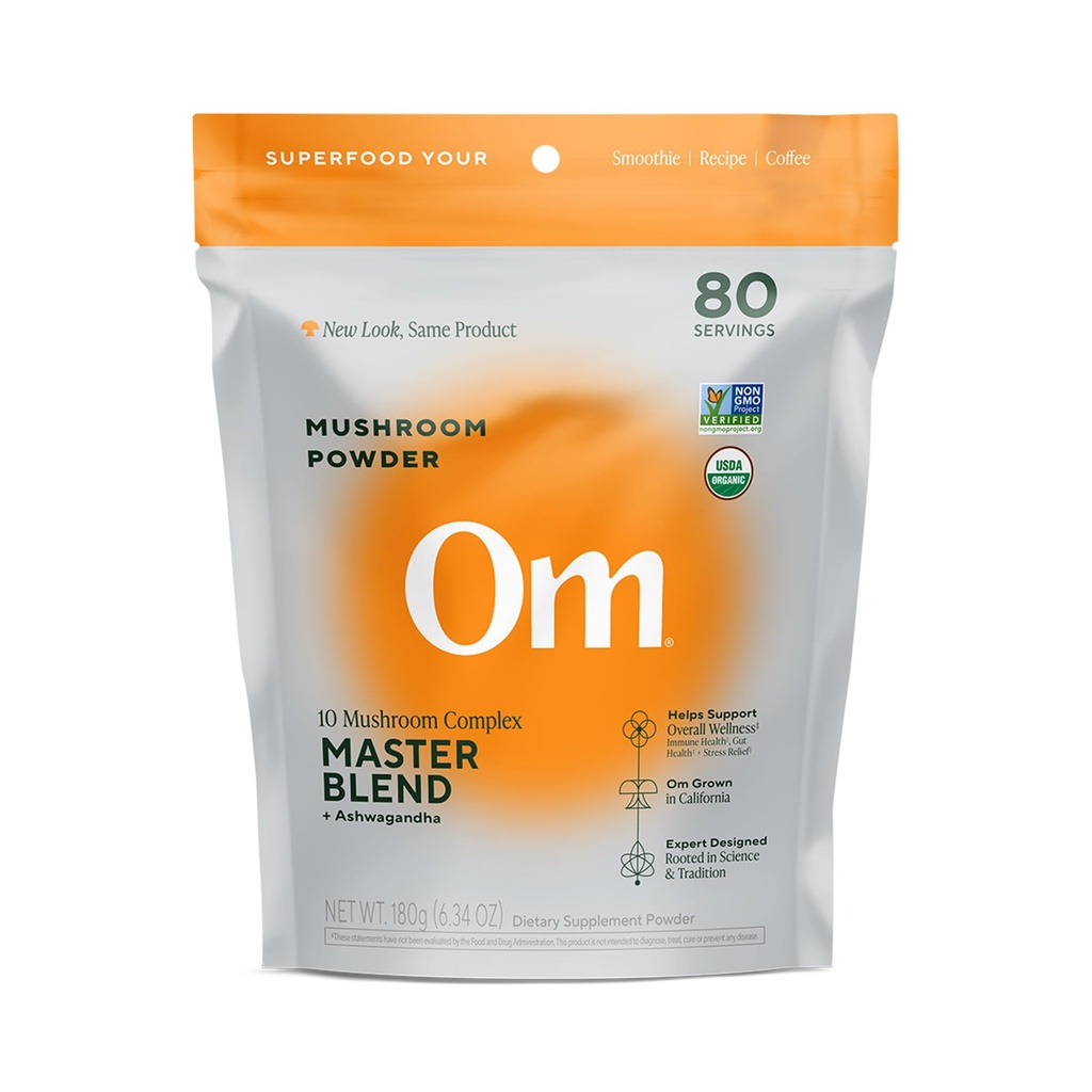 OM Champignons Master Blend Poudre de champignons – Supplément de champignons biologiques avec 10 champignons et Ashwagandha - Soutien Immunity, Gut Health & Stress Relief, 6,34 oz (80 portions)