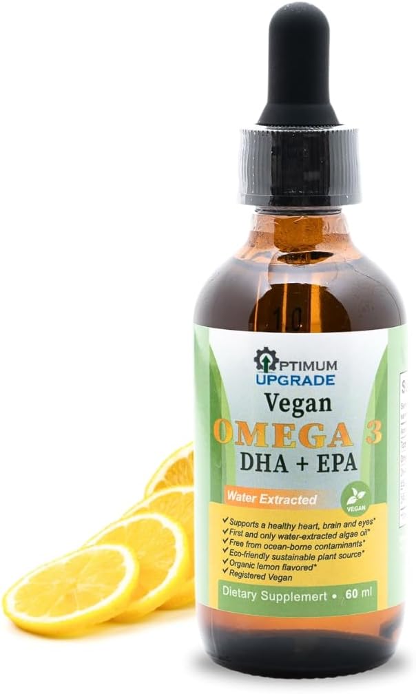 OU Oméga végétalien 3 gouttes - Huile d'algues aromatisées au citron et extraites d'eau biologique avec EPA, DHA et DPA - Vitamine liquide non-OGM, à base végétale pour la santé du coeur, du cerveau et des articulations - 60 doses