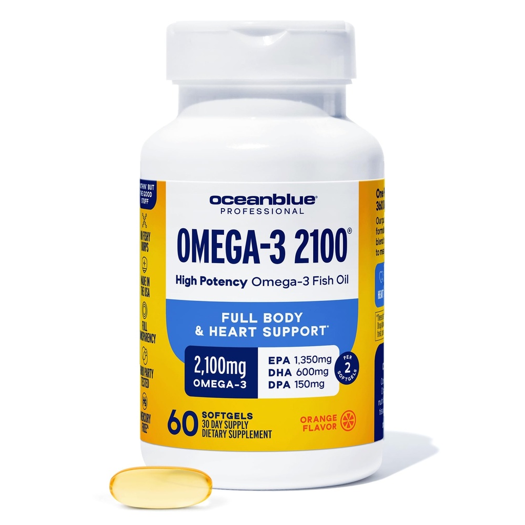 Oceanblue Professional Omega-3 2100mg Supplément à l'huile de poisson Triple Strength, High Potency EPA, DHA & DPA Burpless, Wild-Caught, naturel orange saveur 60 Softgels (paquet de 1)