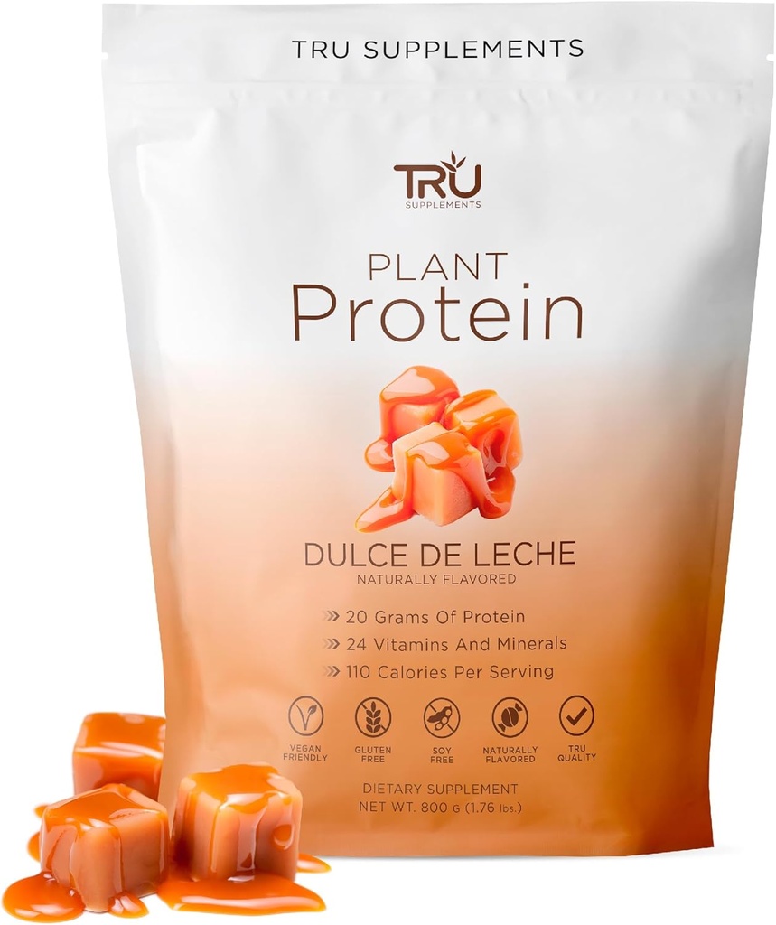 Suppléments TRU Poudre de protéines à base végétale, BCAA, EAA, 20g Riz brun végétalien et protéines de pois, 100 calories, 27 vitamines, pas d'arôme artificiel 25 portions 25 portions (Dulce De Leche)