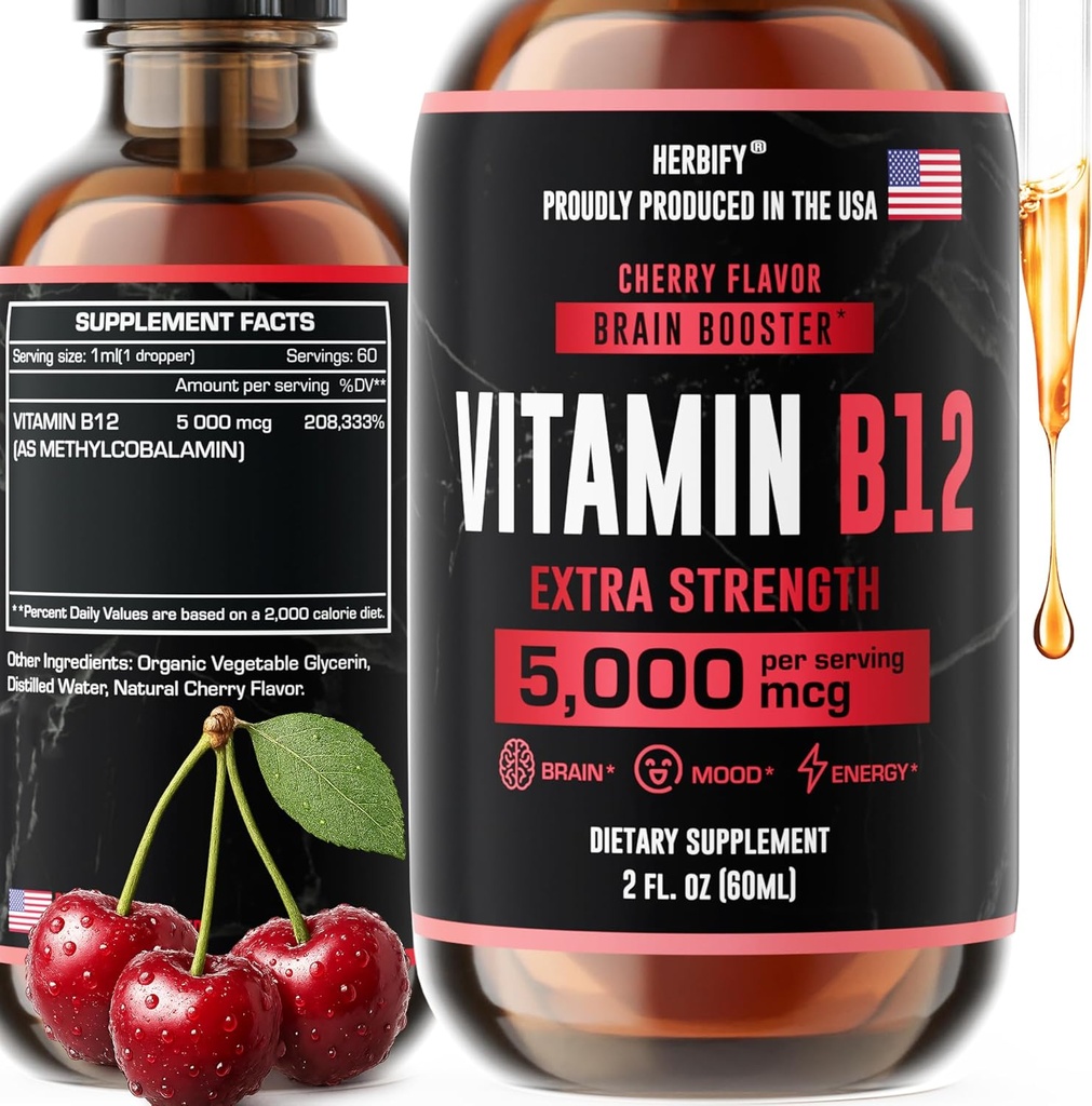 HERBIFY Vitamine B12 Compléments d'énergie multivitamines méthylées pour les femmes et les hommes - Vitamines liquides B12 5000 Mg de méthylcobalamine - Soutien énergétique et santé immunitaire Vitamine liquide 2 Oz