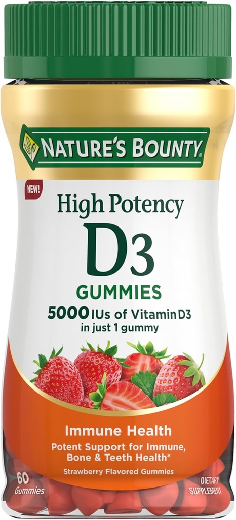 Natures Bounty Vitamine D 5000 UI Gommies, Vitamine D3 Soutien immunitaire de haute puissance et supplément de santé des os, 5000 UI dans 1 Gummy, Flaveur de fraises, 2 mois d'approvisionnement, 60 Gommies végétariennes pour adultes