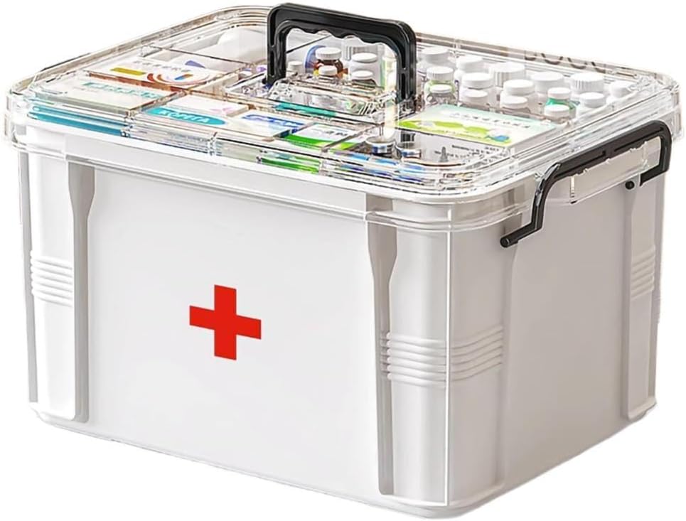 Boîte de stockage de médicaments, Organisateur de bouteilles de pilules, Double compartiment, Transparent, Grande capacité, Blanc