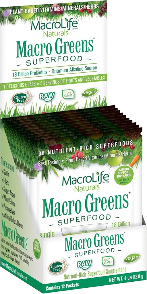 MacroLife Naturals Macro Greens Powder 38 Superfood Probiotique Enzyme antioxydant et supplément à base de plantes Immunity Energy Cleanse - Non-OGM végétalien sans gluten sans lait (12 portions)