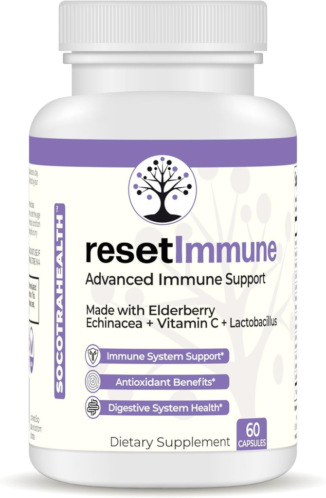ResetImmune - Support Immune avancé - avec Elderberry, Echinacea, Vitamine C, Lactobacillus - 60 Capsules Vegan