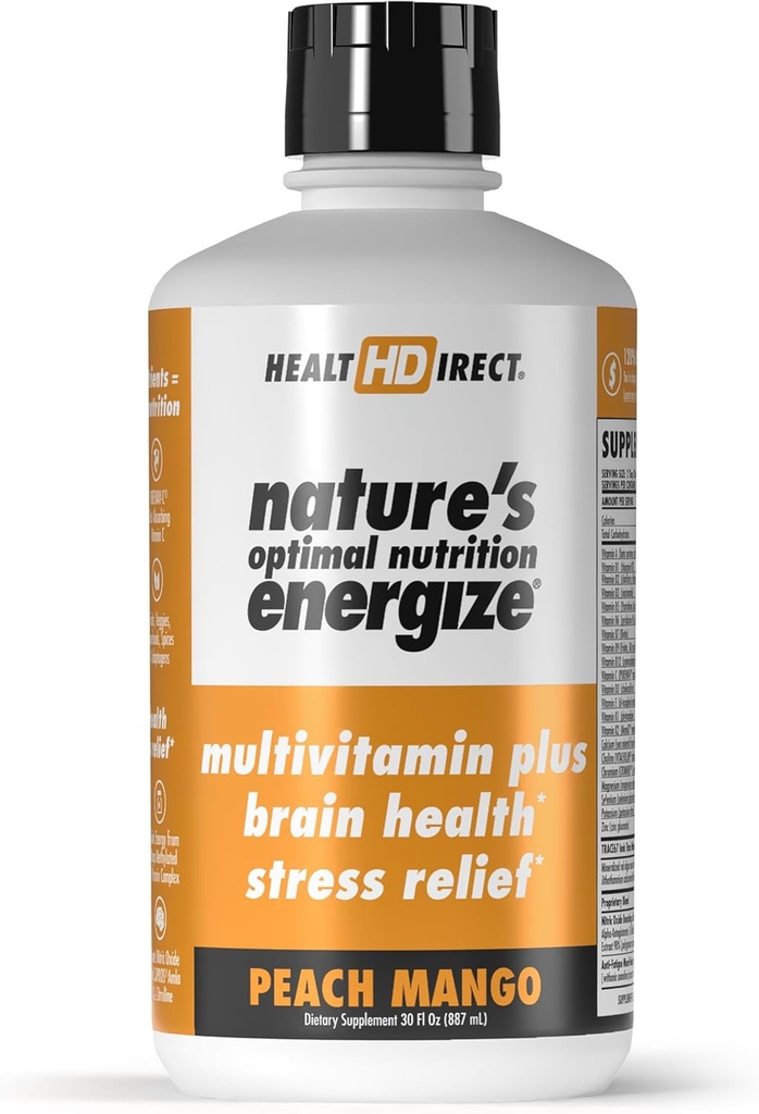 DIRECT DE SANTÉ - La nutrition optimale de la nature Energize Liquide Multivitamine Superfood - 140+ Nutriments - Clarté mentale et énergie - Immune et soutien cardiovasculaire – 30 portions – Peach Mango