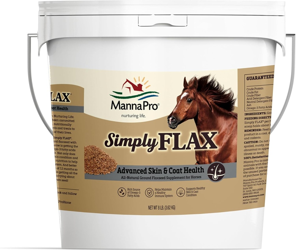 Manna Pro Simply Flax for Horses – Omega-3 Riche supplément de lin – soutient la santé du manteau, la fonction articulaire et le système immunitaire – Source naturelle des acides gras essentiels – Lin au sol – 8 lb sac