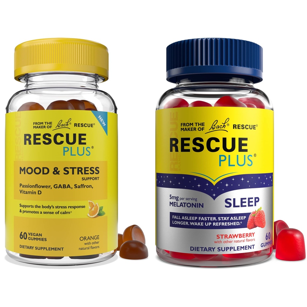 RESCUE Bach Plus Sleep Gummies avec 5mg Melatonine / dose [et] Bach Plus Mood & Stress Support Gummies avec des nutriments clés et botaniques - 2PK Dietary Suppléments, 60Ct Chaque