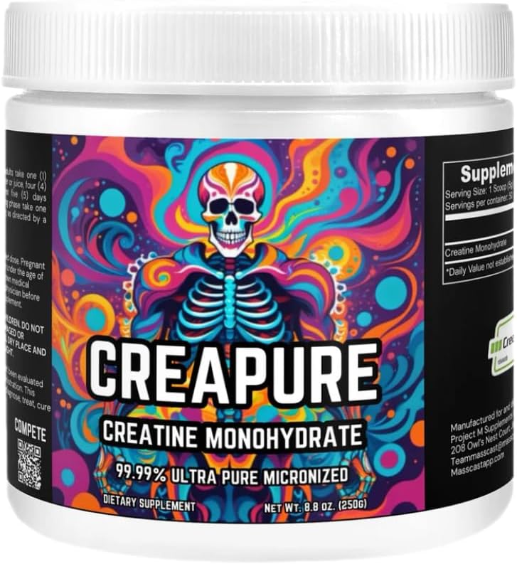 Monohydrate de créatine avec des portions de 50 / 5g - Creapure est de 99,99% Monohydrate de créatine. Créatine pure non aromatisée pour la croissance, la rétention et la réparation des muscles. Poudre de créatine