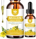 4-en-1 Feuilles de Mulléine Extraire les gouttes pour les poumons - Support respiratoire et les poumons Nettoyer, Mullein Liquid Complements avec Elderberry, Marshmallow Root & Orange Peel, Saveur naturelle, 1 Fl Oz (2 Pack)