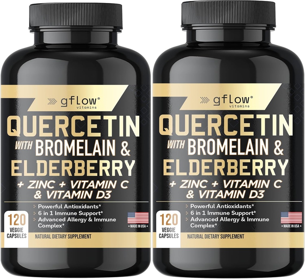 Quercetin avec Bromelain Zinc Vitamine C Vitamine D Elderberry - 120 Capsules de légumes, Non-OGM, Sans gluten.