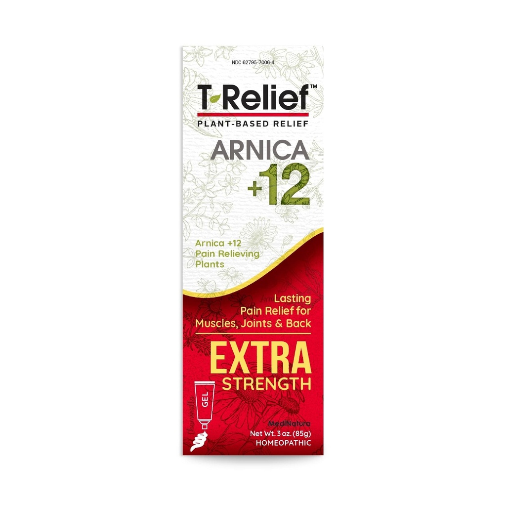 MediNatura T-Relief Gel Extra Strength Arnica +12 actifs naturels pour soulager la douleur du dos Douleurs musculaires articulaires Douleurs musculaires et étourdissement Corps entier Soulagement rapide pour les femmes et les hommes - 3 onces
