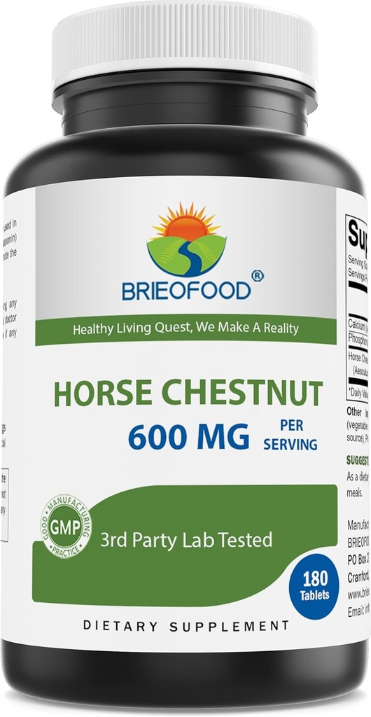 Brieofood Horse Chestnut Extract 600 mg par portion - 180 comprimés - 3e laboratoire de partie testé pour la pureté et la qualité - soutient la circulation saine et l'équilibre fluide dans les jambes*
