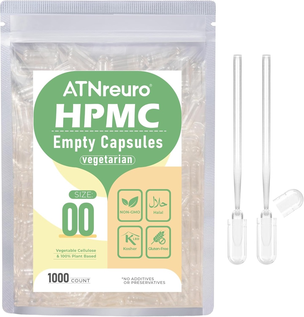 00 Capsules Vegan vides avec 2 Micro Spoons - 1000 Compte Capsule Végétarien vides - Capsules de pilules vides pour suppléments de poudres