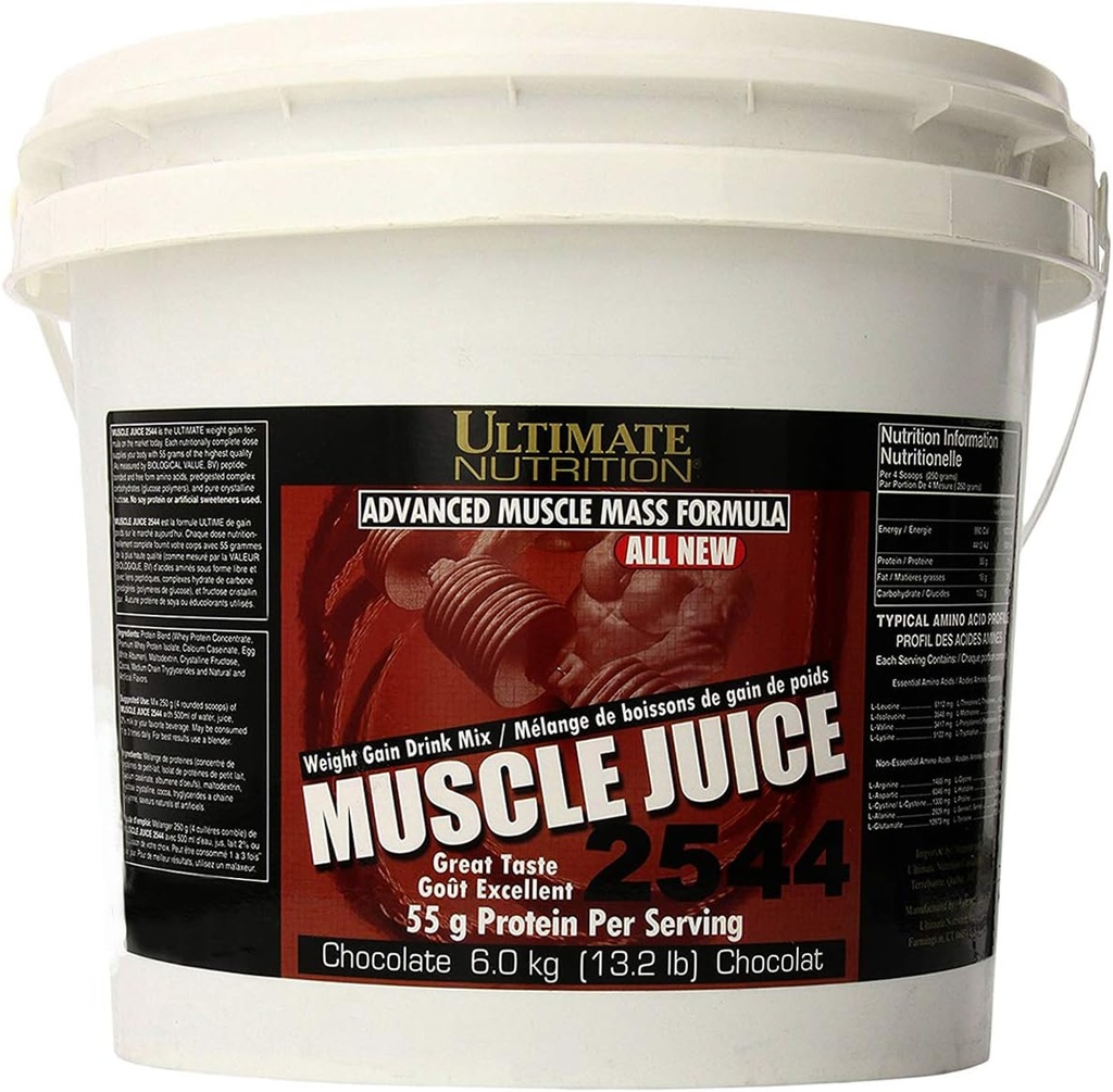 Ultimate Nutrition Jus musculaire, Mélange de boisson gain de poids - Poudre d'entraînement gain de masse pour les hommes et les femmes - Supplément pour la croissance musculaire maigre et le soutien immunitaire avec 55g de protéines - chocolat, 13.2lb