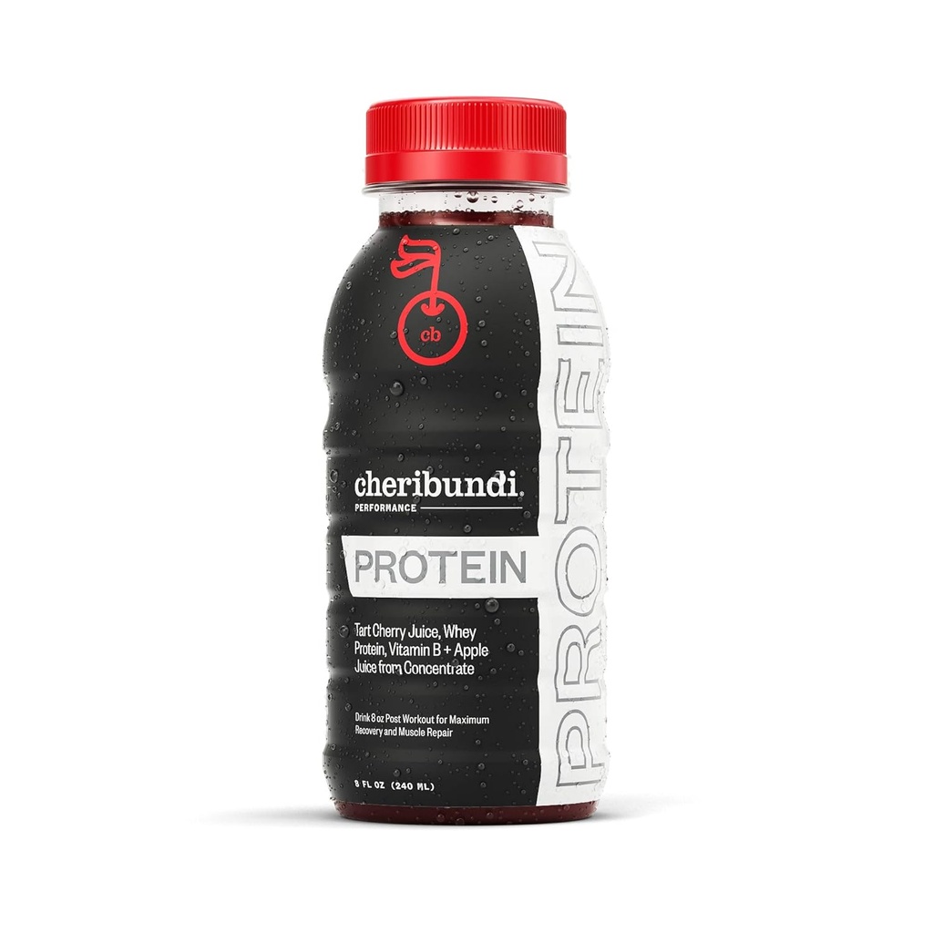 Cheribundi Tart Cherry PROTEIN - Tart Juice 45 Tart Cherries avec complexe vitamine B et 8g de protéines de lactosérum. 8 Fl Oz, (paquet de 12)
