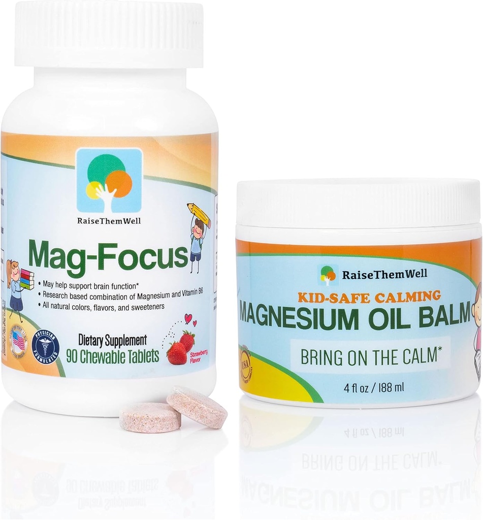 Natural Strawberry Flavored Magnesium Focus Supplement for Kids and Kids Safe Magnesium Oil Balm Bundle