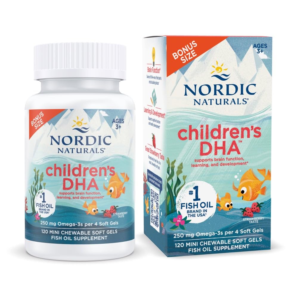 Nordic Naturals Enfants DHA, fraise - 120 Mini Gels doux à croquer pour enfants - 250 mg Oméga-3 avec EPA et DHA - Développement et fonction cérébrale - Non-OGM - 30 portions