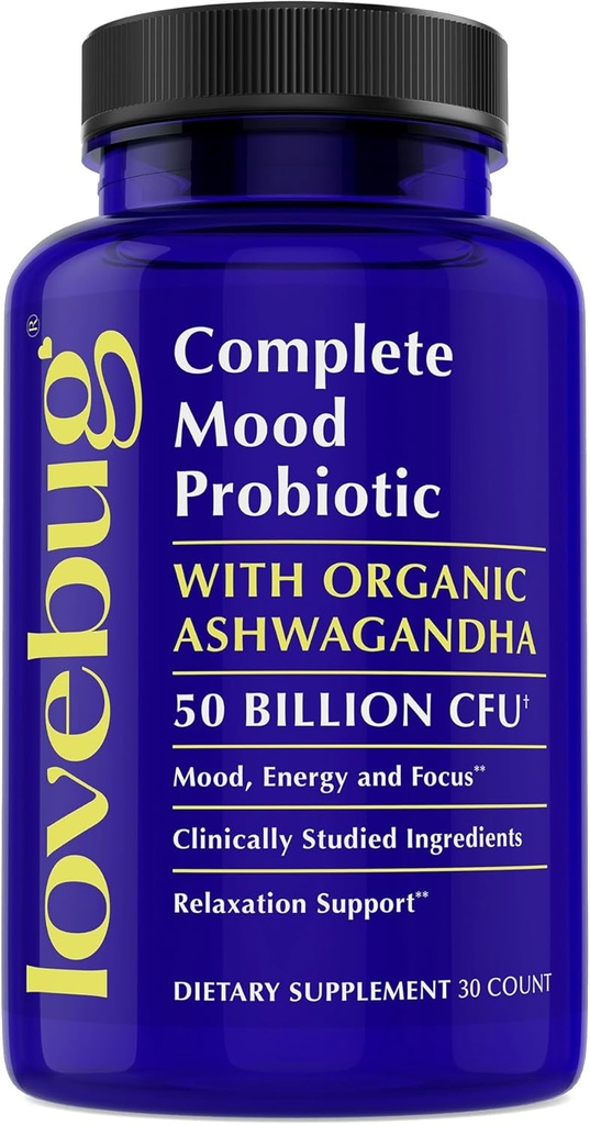 LoveBug Complete Mood Probiotics for Women - 50 milliards CFU, 10 souches étudiées cliniquement, Lactobacillus Bifidobacterium Probiotic with Ashwagandha Digestive Health, Supplément de soutien de l'humeur, 30 comtes