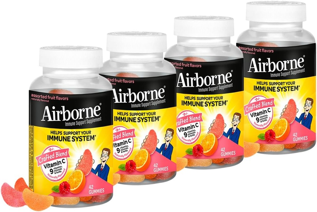 Airborne 750mg Vitamine C Supplément de soutien immunitaire Gommies pour adultes, Arôme de fruits assortis, Mélange sans gluten avec des antioxydants puissants Vitamines A C & E, 42 Gommies (4 pack)