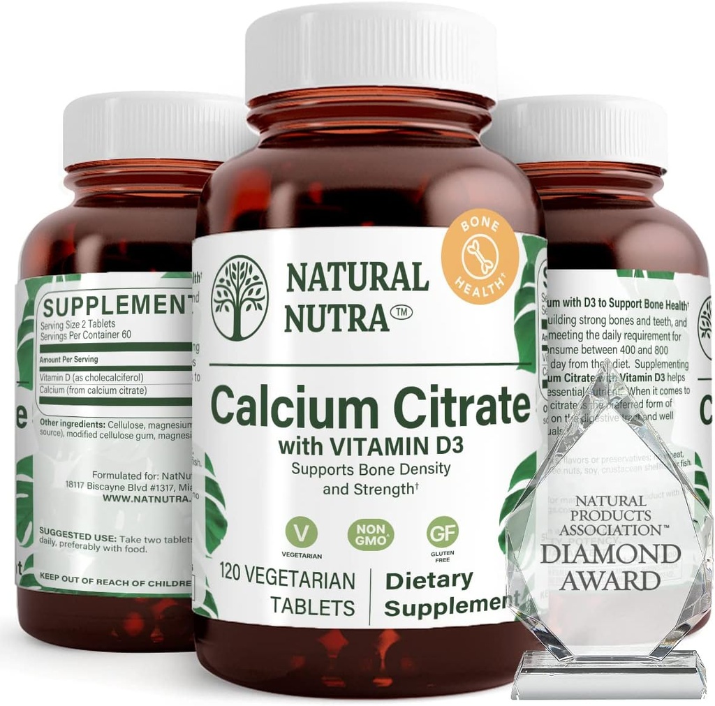 Citrate de calcium Nutra naturel avec vitamine D3, supplément pour la force osseuse, favorise les mouvements musculaires et la santé faite, stimuler la santé cardiaque, renforcer la densité osseuse, idéal pour les aînés actifs, 120 comprimés