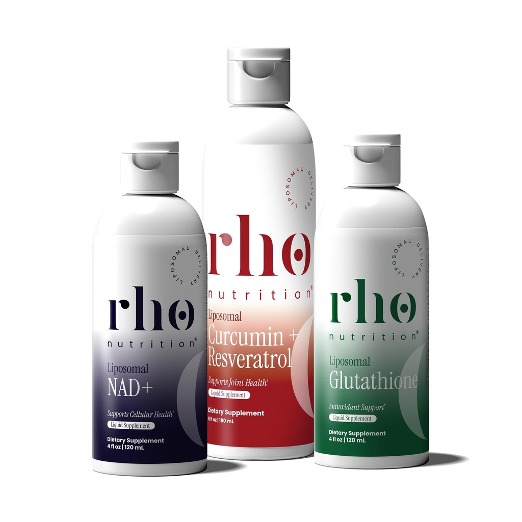Rho Nutrition - Ensemble d'essentiels pour la santé cellulaire – Suppléments liposomiques liquides pour le vieillissement en santé et le soutien cellulaire - NAD+, Curcumin + Resvératrol, & Glutathion (3 Pack)