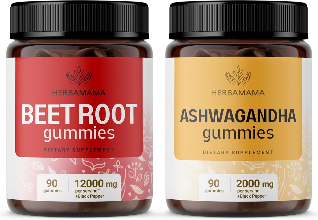 HERBAMAMA Ensemble de racines de betterave et d'ashwagandha - Ensemble de racines de betterave de 12 000 mg avec poivre noir et de gélatine de 2000 mg de gommes de racines d'ashwagandha - végétalien, sans gélatine, sans OGM
