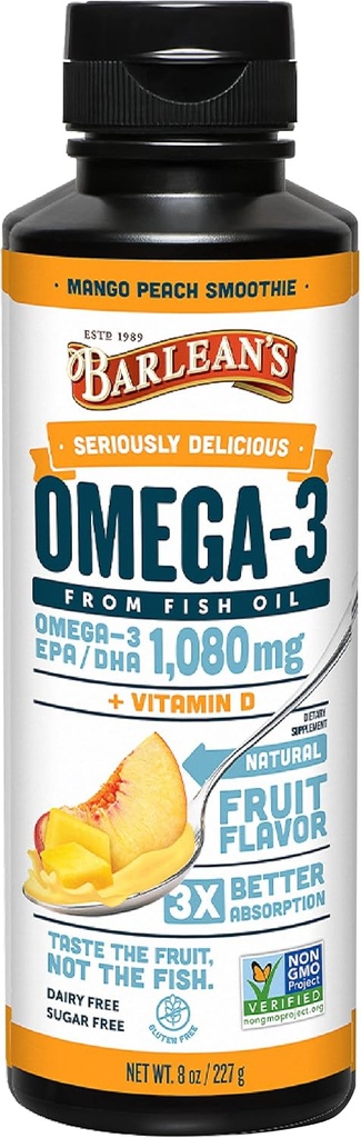 Barlean's Omega 3 Fish Oil Liquid Supplement with Vitamin D for Men and Women, Mango Peach, 1080mg EPA and DHA Fatty Acid, 8 oz