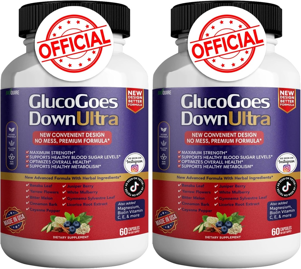 GlucoGoes Down supplément ultra diététique, 120 capsules, la force maximale, soutient les niveaux de sucre de sang sain, optimise la santé globale - Pack de 2