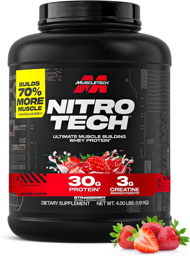 Muscletech Whey Protein Powder (Strawberry, 4 Pound) - Nitro-Tech Ultimate Muscle Building Formula with Whey Protein Isolate - 30g of Protein, 3g of Creatine & 6.8g of BCAA - Packaging May Vary