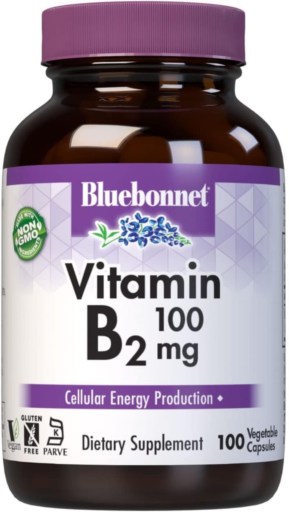 Bluebonnet Nutrition Vitamine B2 100 mg, pour la santé du système cardiovasculaire et nerveux, sans soja, sans gluten, sans casher, sans lait, végétalien, sans OGM, 100 capsules végétales, 100 portions