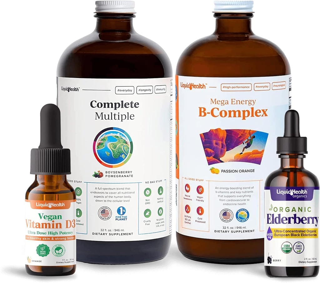 LIQUIDHEALTH Ultimate Immunity & Energy Liquid Vitamine Bundle pour les adultes avec Multivitamine complète, supplément de complexe de soutien énergétique B, gouttes Vitamine D3 végétalienne, gouttes de mûre aînée biologique - non-OGM