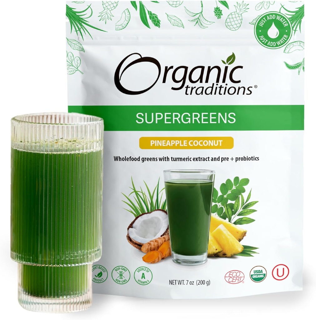 Traditions biologiques Super Greens poudre Superfood avec curcuma, ananas de noix de coco aromatisé bio Greens poudre superfood, 200g / 7oz sac