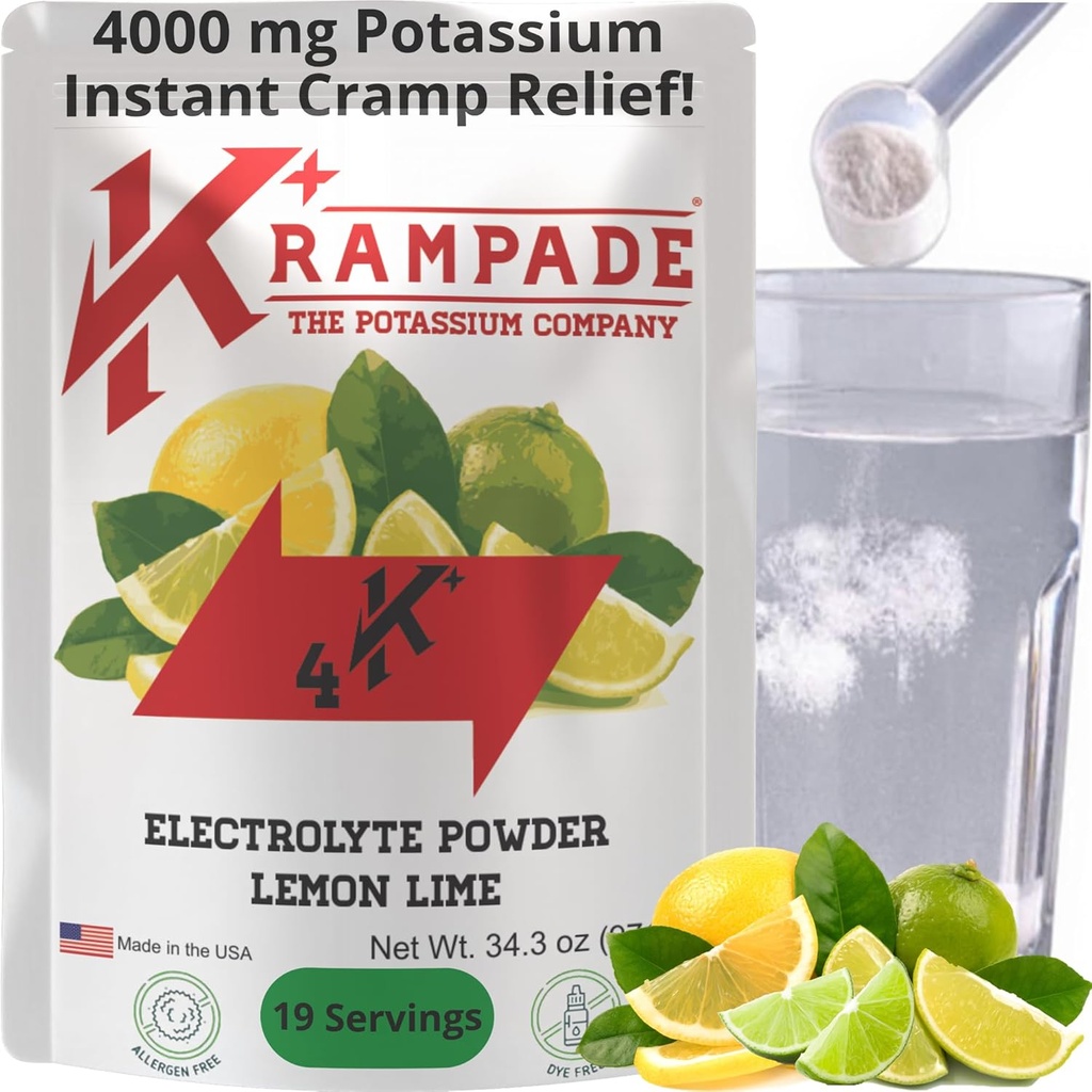Krampade Original Lemon Lime 4K, 4000 mg Potassium Instant Cramp Relief Electrolyte Drink Powder | Designed for Athletes and Crampers | 19-Serving Resealable Pouch