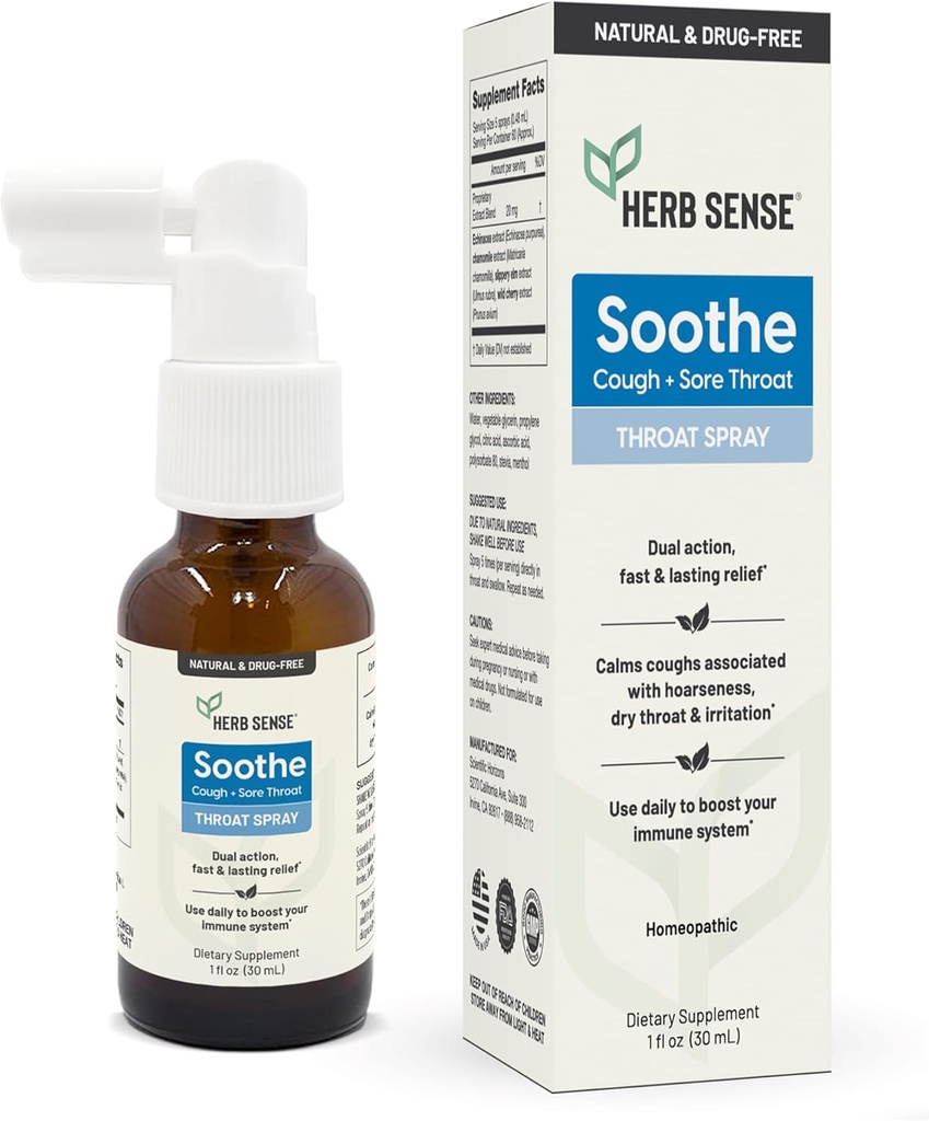 Spray de confort pour la gorge sensée d'herbes refroidissant et apaisant avec l'orme, l'échinacée et la camomille