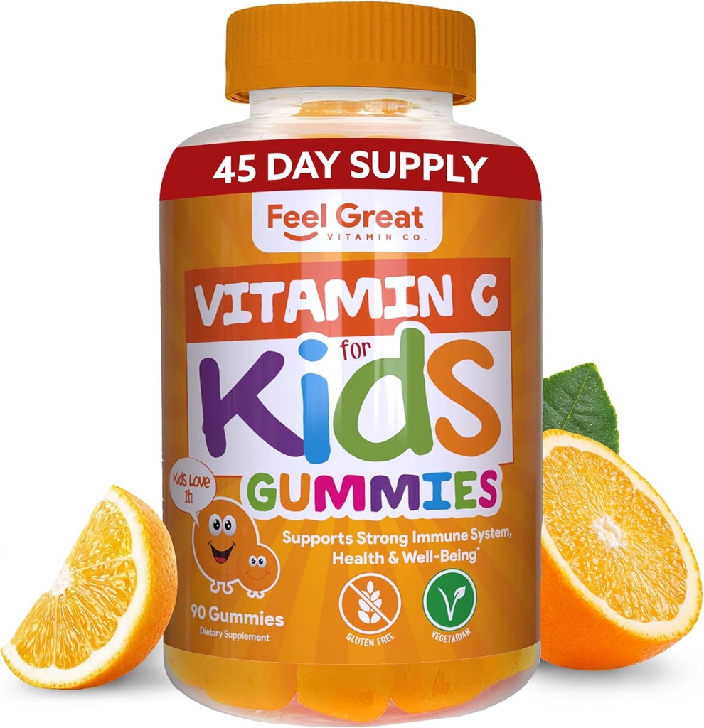 Enfants Vitamine C Gummies Chewable for Imune Defense (à base de plantes), sans gluten (Végétalien) 250 mg par portion (90 Gummies) Vitamines pour enfants par Feel Great Vitamine Co.