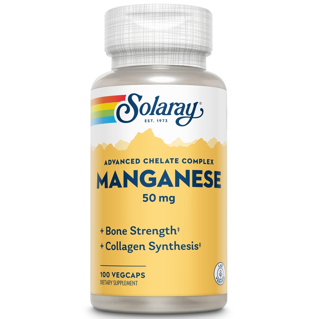 SOLARAY Manganese Supplement 50 mg - Essential Trace Minerals - Advanced Trace Mineral Supplements for Bone Strength and Bone Health Support - Lab Verified, 60-Day Guarantee, 100 Servings, 100 VegCaps