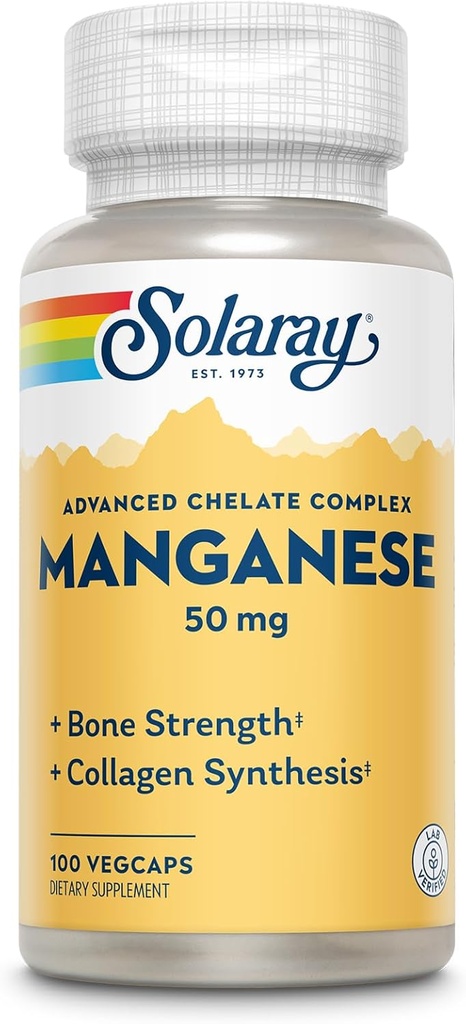 SOLARAY Supplément de manganèse 50 mg - Trace Minerals essentiels - Suppléments de trace Mineral avancés pour la force osseuse et le soutien de la santé osseuse - Lab Vérifié, garantie de 60 jours, 100 portions, 100 VegCaps
