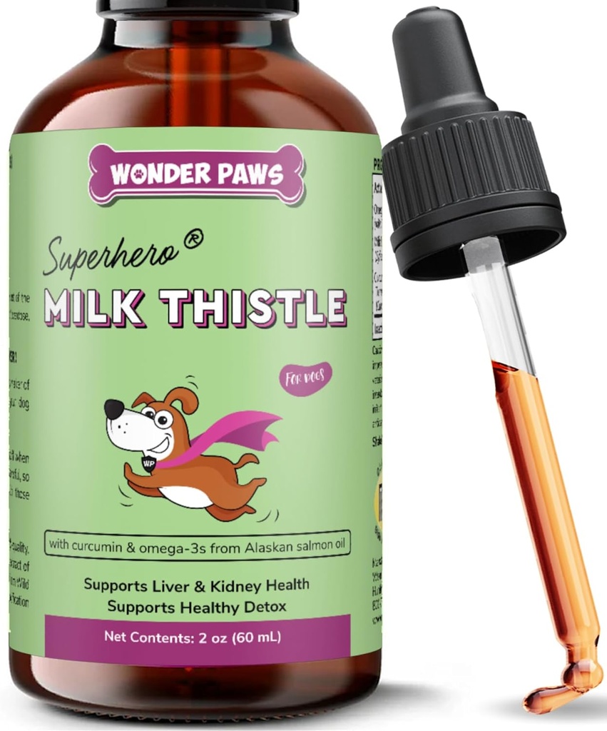 Wonder Paws Thistle de lait, soutien du foie pour les chiens, soutient la fonction rénale pour les animaux de compagnie, détox, soutien hépatique, avec l'huile de saumon sauvage de l'Alaska & Curcumin, Omega 3 EPA & DHA (2 Oz)
