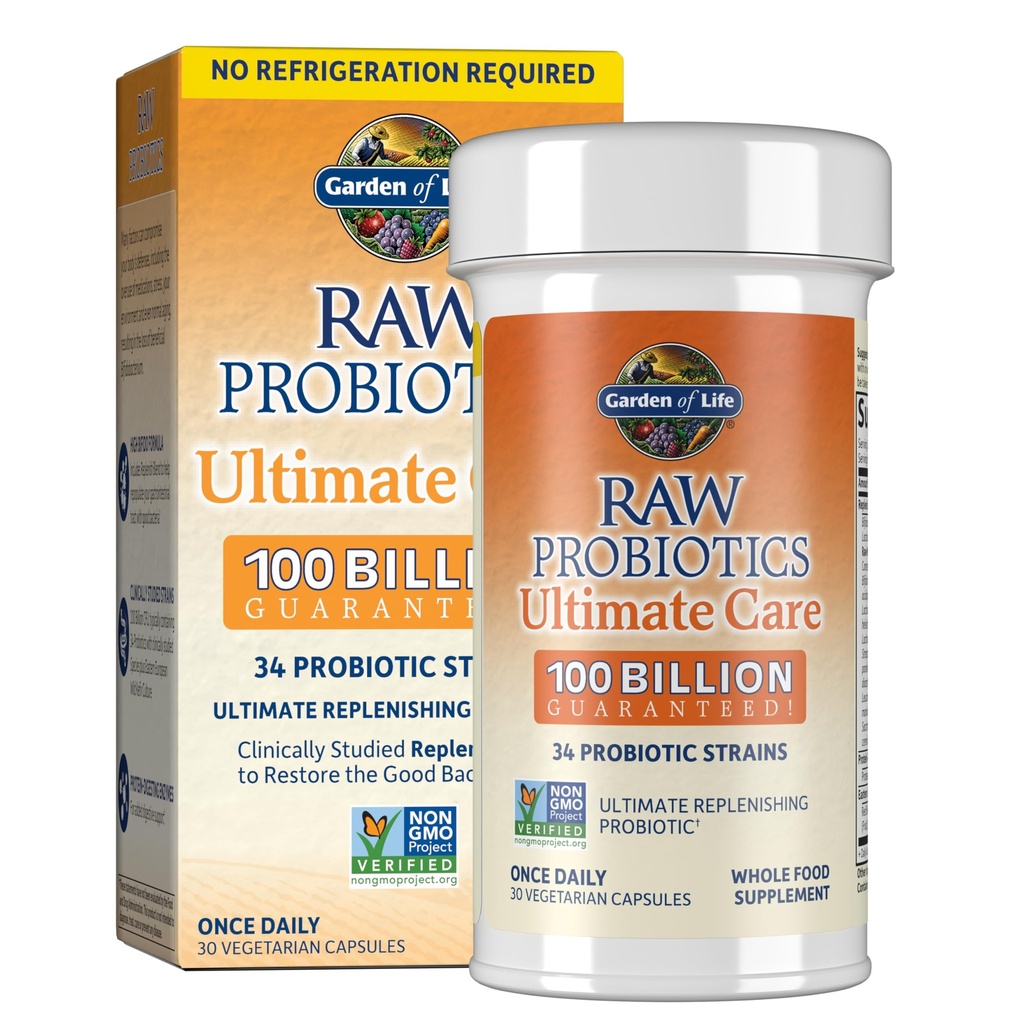 Jardin de la vie Probiotiques crus pour les femmes et les hommes avec enzymes digestives, 100 milliards d'UFC, souche étudiée cliniquement, étagère stable, 30 capsules
