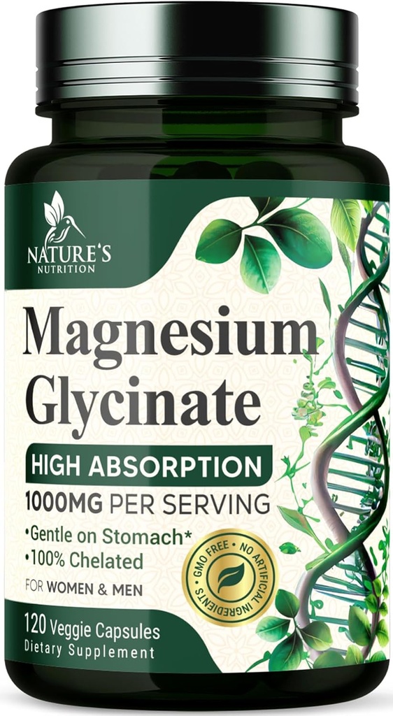 Magnésium Glycinate 1000mg - Chélaté pour Ultra Absorption, Magnésium pour os, Muscle, Nerves & Heart Health Support, Natures Sleep Support, Meilleur supplément Mag pilules pour le corps entier - 120 Capsules