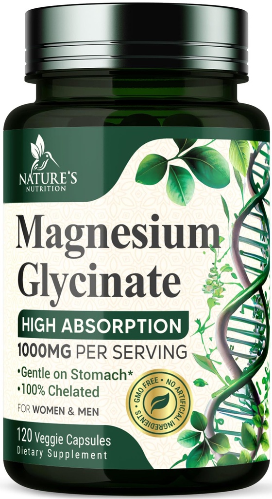 Magnésium Glycinate 1000mg - Chélaté pour Ultra Absorption, Magnésium pour os, Muscle, Nerves & Heart Health Support, Natures Sleep Support, Meilleur supplément Mag pilules pour le corps entier - 120 Capsules
