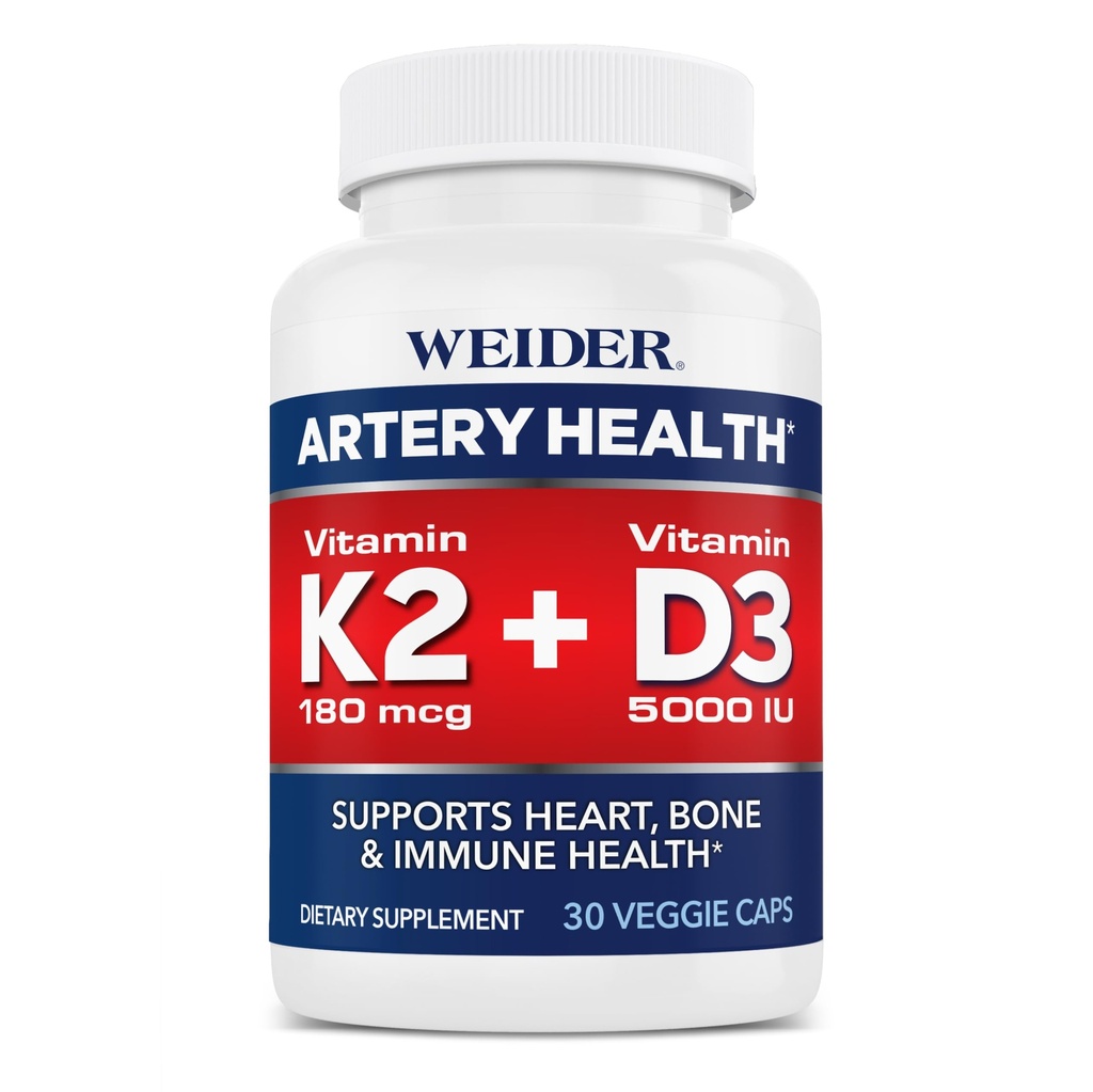 Weider Artery Health for Heart, Immune and Bone Support with Vitamine K2 (180mcg) & Vitamine D3 (5000iu), 30 Capsules de Véggie