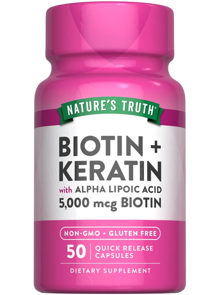 Nature's Truth Biotin 5000 mcg. 50 capsules avec kératine et acide alpha lipoïque.