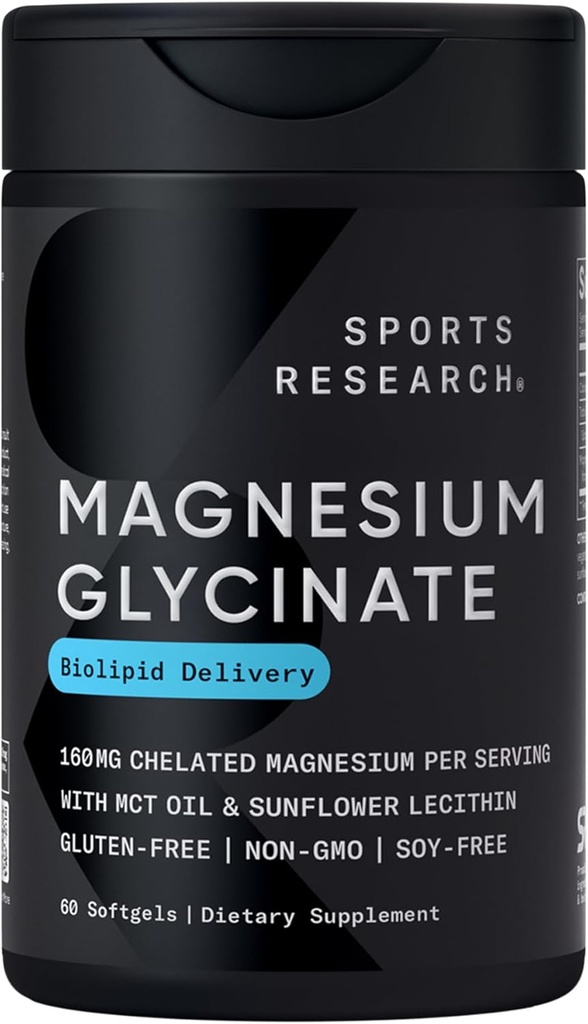 Sports Research® Magnésium Glycinate - soutient les processus reposants de sommeil et d'enzymatique - 160 mg Magnésium chélaté - Softgel liquide - 60 Compte